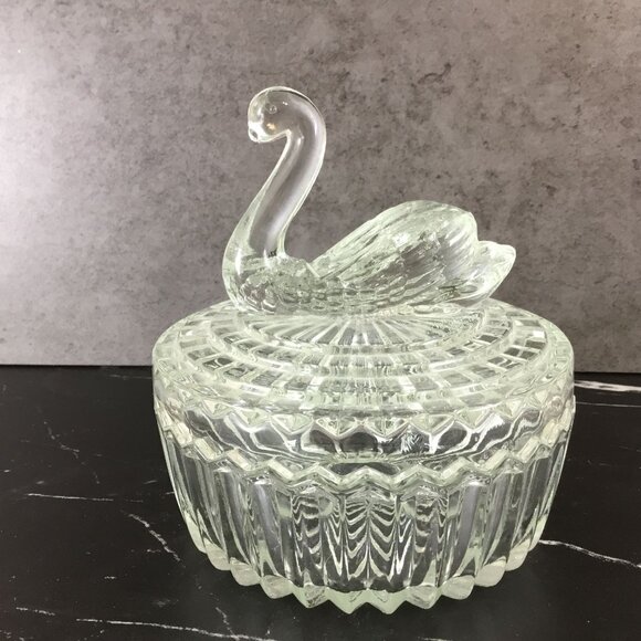 Jeannette Glass Clear Glass Swan Powder Jar Trinket Box - Picture 1 of 10